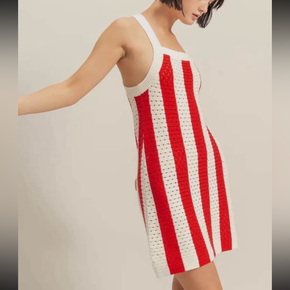 Red and White Striped Crochet Dress